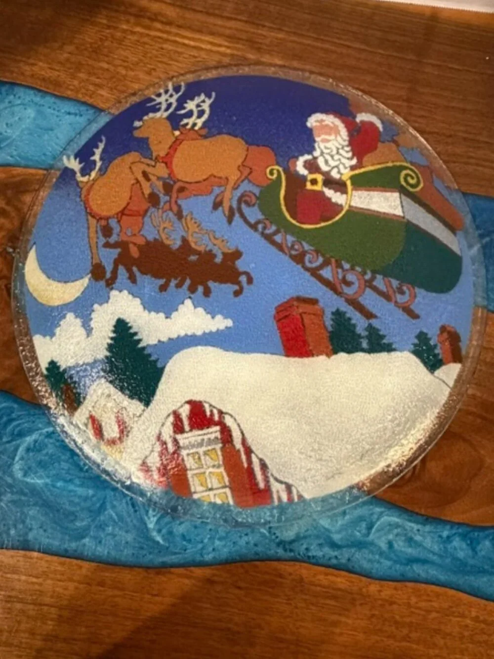 Peggy Karr Santa Sleigh and Reindeer Large Fused Glass 13.5